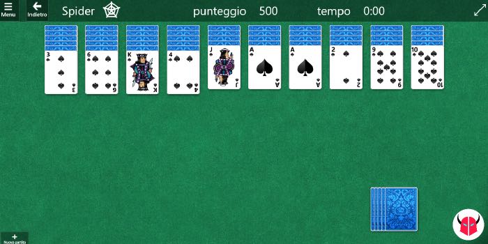 gioco Solitario Windows 10 partita Spider
