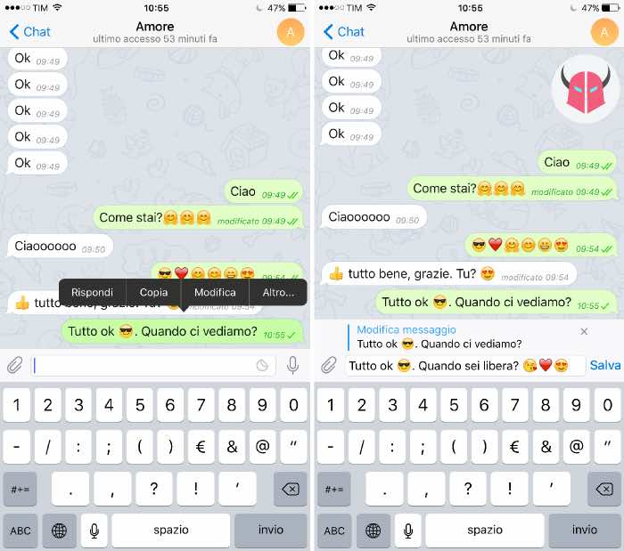 modificare messaggi su Telegram chat iOS
