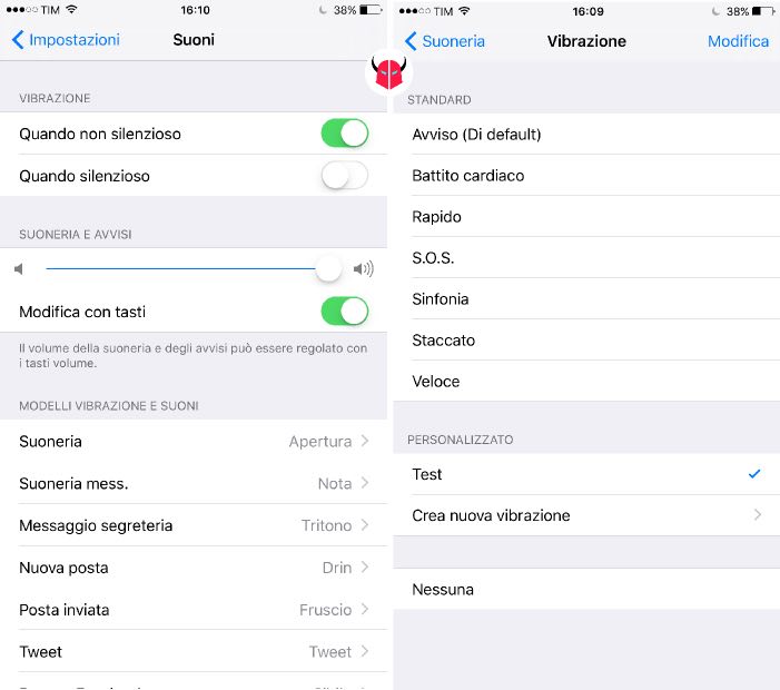 modificare vibrazione iPhone opzioni Suoneria