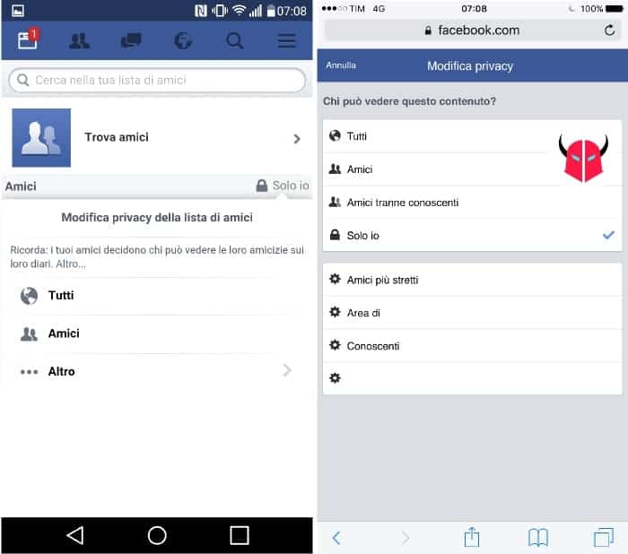 nascondere amici Facebook modifica privacy con iPhone e Android