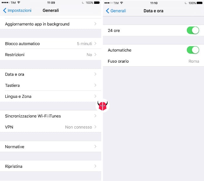 percentuale batteria iPhone impostazioni automatiche data e ora