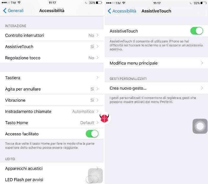 rimuovere animazioni iPhone impostazioni AssistiveTouch