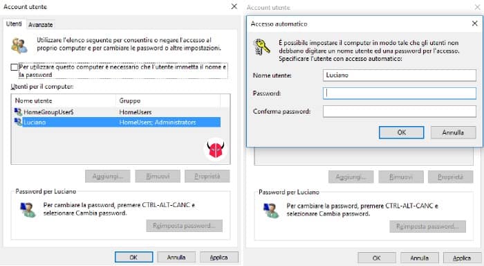 rimuovere password Windows 10 login automatico