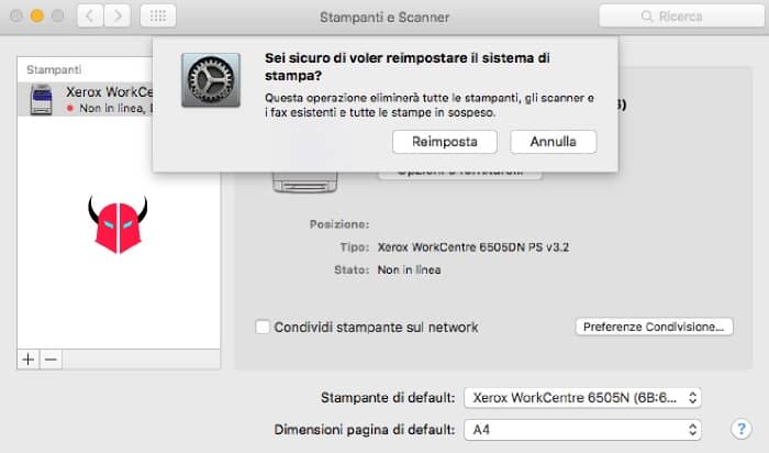 stampante non in linea Mac OS X reimposta sistema di stampa