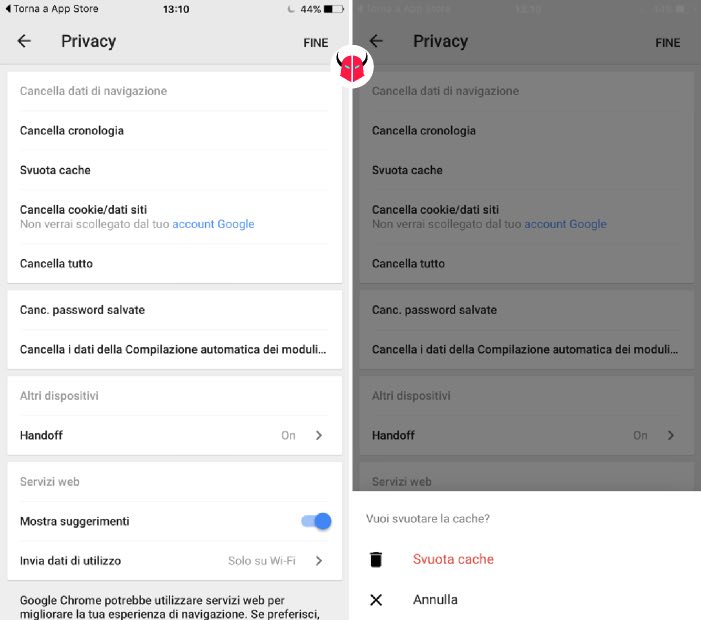 svuotare cache iPhone Google Chrome