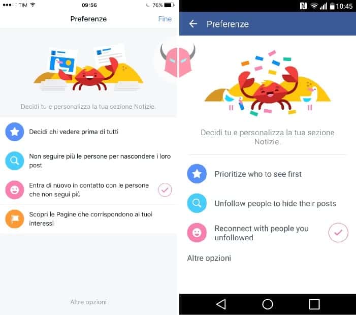 vedere post nascosti su Facebook preferenze sezione Notizie iOS e Android