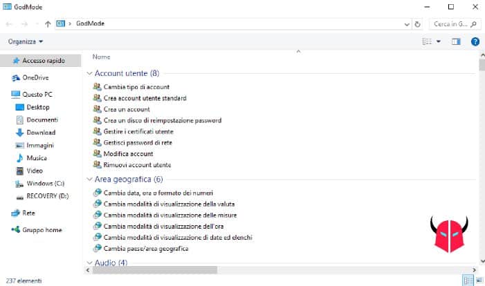 God Mode su Windows 10 opzioni