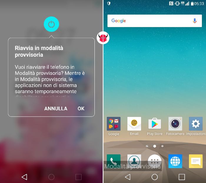 avviare modalità provvisoria Android riavvio in Safe Mode