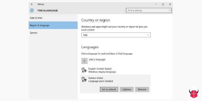 cambiare lingua Windows 10 Language Pack italiano predefinito