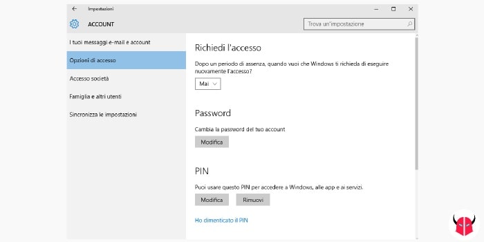 cambiare password Windows 10 opzioni di accesso