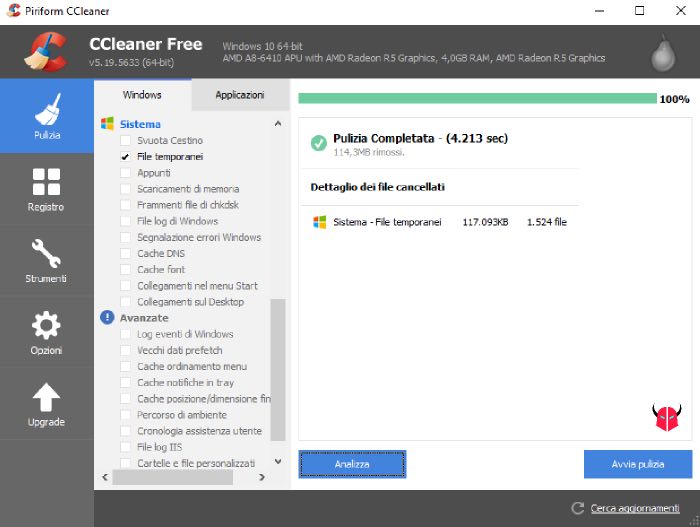 eliminare file temporanei Windows 10 pulizia CCleaner