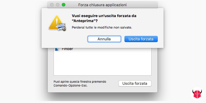 fare uscita forzata su Mac conferma chiusura applicazione