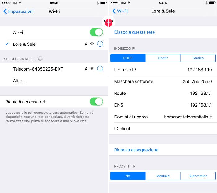 impostare IP statico su iPhone rete wireless DHCP