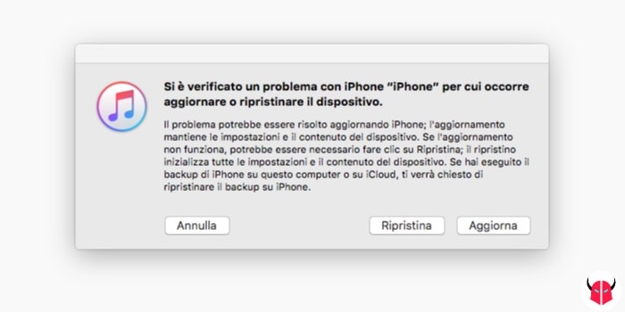 mettere iPhone in recovery mode opzioni Ripristina e Aggiorna di iTunes