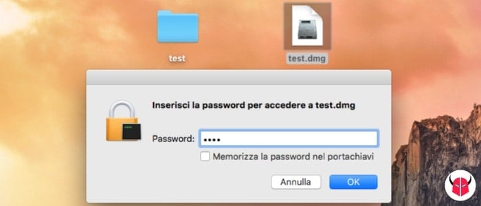 mettere password a cartella Mac inserimento codice immagine disco