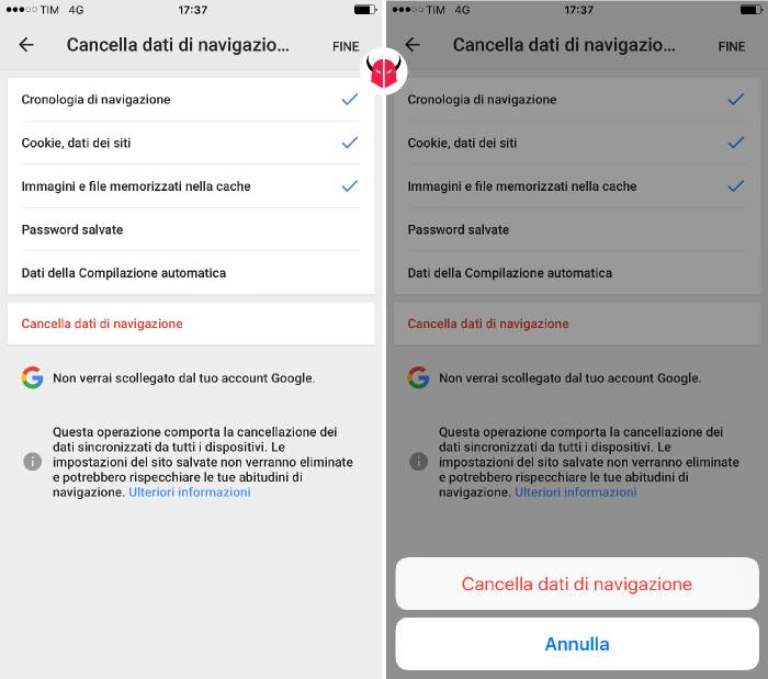 pulire iPhone cache e dati navigazione Chrome