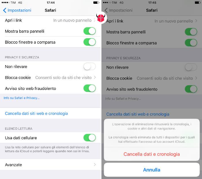 pulire iPhone cache e dati navigazione Safari