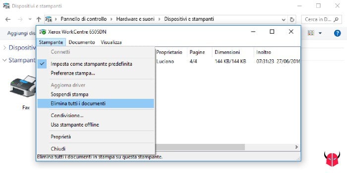 stampante in pausa su Windows eliminazione documenti in coda