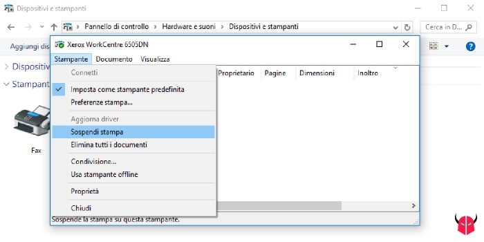 stampante in pausa su Windows opzioni sospensione e offline
