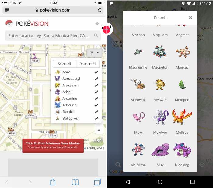 come trovare posizione Pokemon filtri PokéVision e Poké Radar