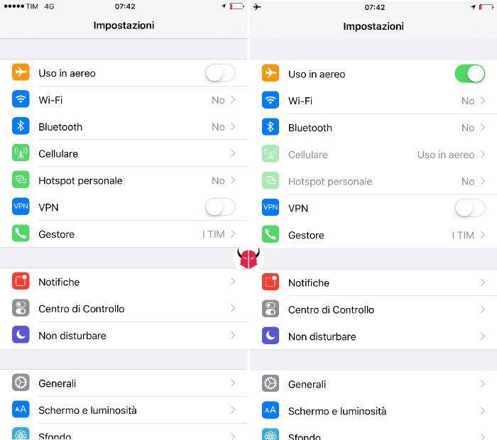 mettere iPhone in modalità aereo attivazione dalle impostazioni