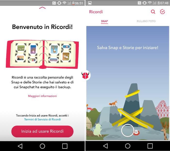 salvare foto Snapchat su Android attivazione Ricordi