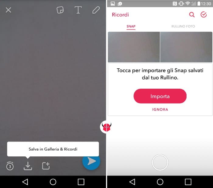 salvare foto Snapchat su Android salvataggio in Ricordi