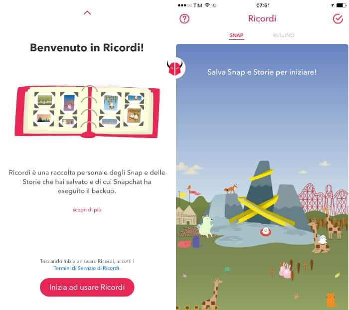 salvare foto Snapchat su iPhone attivazione Ricordi