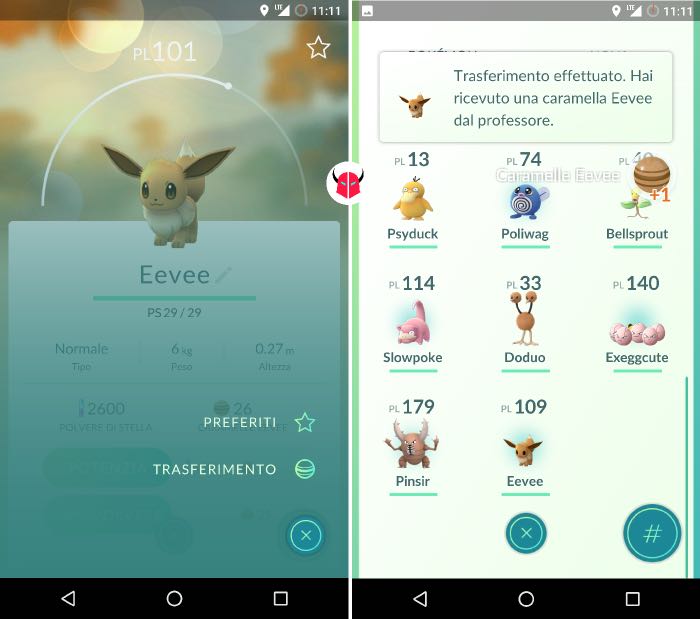 come far evolvere Eevee in Pokemon Go trasferimento per caramelle