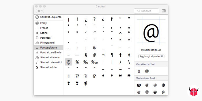 come fare la chiocciola sul Mac sezione Caratteri