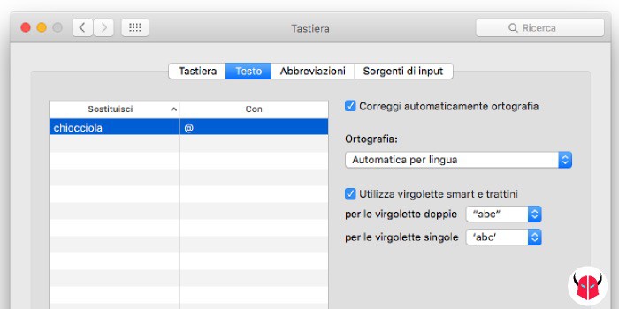 come fare la chiocciola sul Mac sostituzione testo