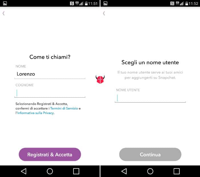 come cambiare nome utente su Snapchat registrazione nuovo account