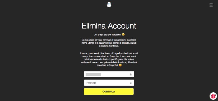 come cambiare nome utente su Snapchat schermata elimina account