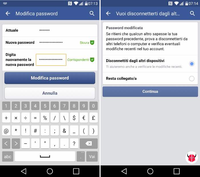 come cambiare password Facebook da Android