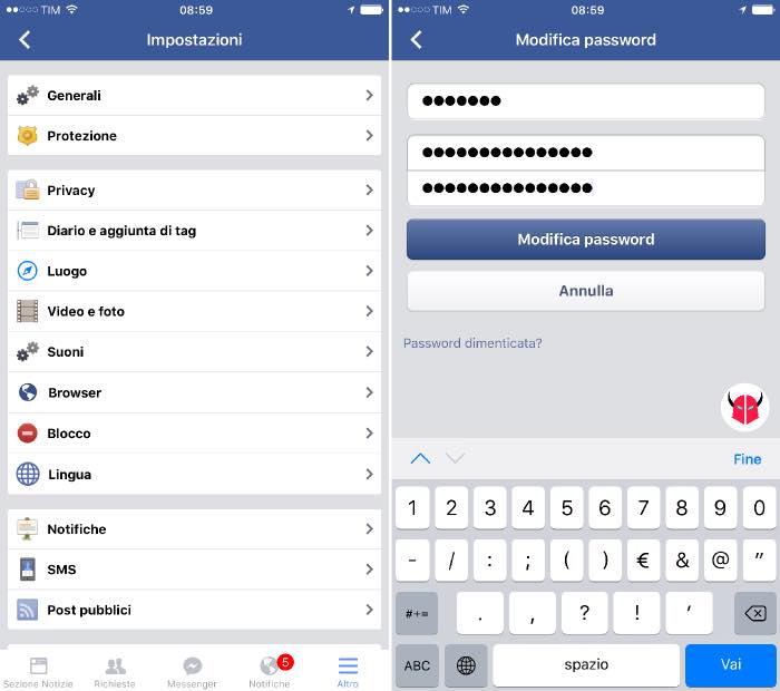 come cambiare password Facebook da iPhone