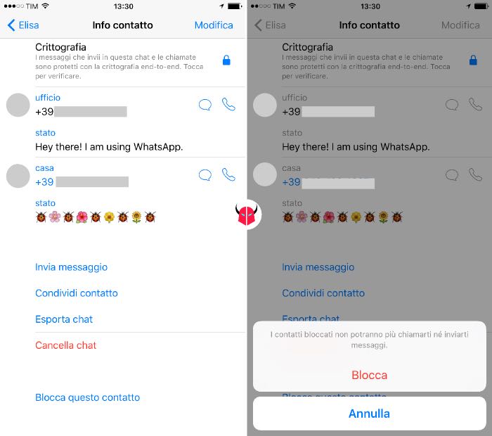 come cancellare un contatto da WhatsApp su iPhone blocco