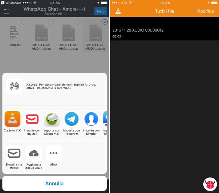 come salvare messaggi vocali WhatsApp su iPhone riproduzione opus VLC
