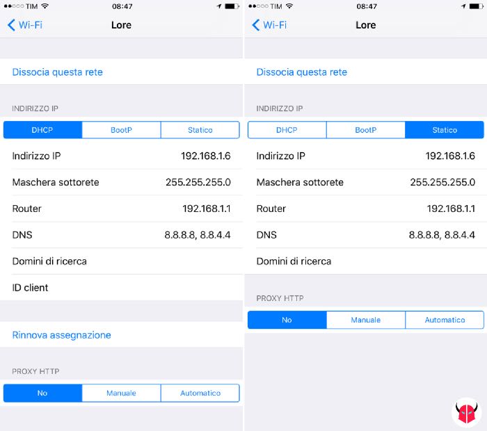 come cambiare DNS iPhone rete WiFi indirizzo IP DHCP e statico