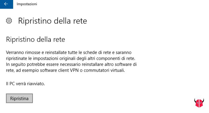 risolvere configurazione IP non valida WiFi Windows 10 ripristino della rete