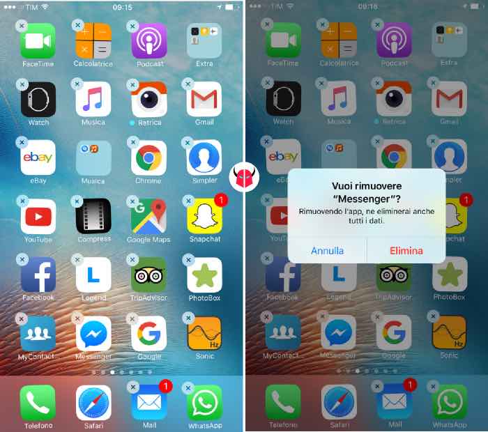 come disinstallare Facebook Messenger da iPhone rimuovere applicazione