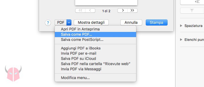 come salvare in PDF su Mac schermata di stampa