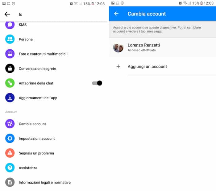 come cambiare account su Facebook Messenger smartphone