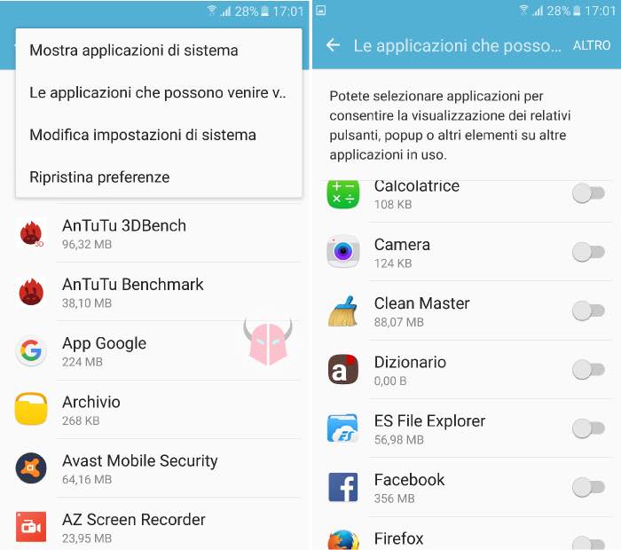 come disattivare overlay schermo Samsung applicazioni visualizzate in alto