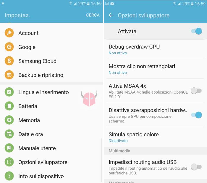 come disattivare overlay schermo Samsung sovrapposizioni hardware