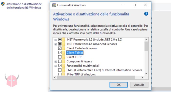 come attivare Telnet su Windows 10 Client Telnet