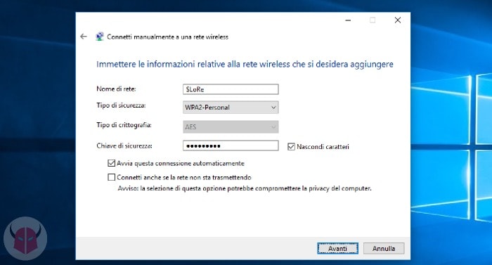 come connettersi a rete WiFi nascosta su Windows 10 configurazione manuale