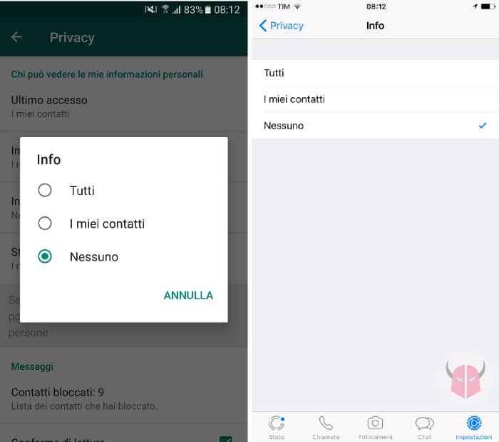 come nascondere Info WhatsApp impostazioni privacy Android e iOS