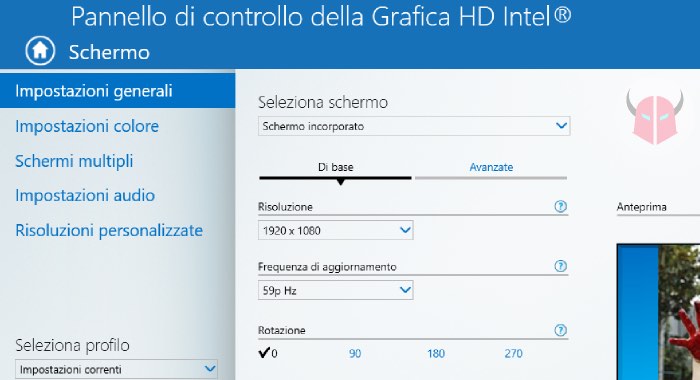 come ruotare lo schermo su Windows 10 Grafica HD Intel