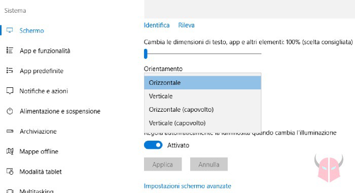 come ruotare lo schermo su Windows 10 impostazioni