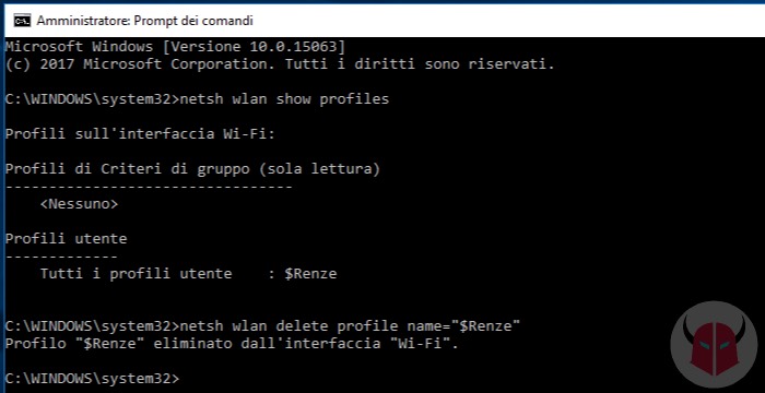 come eliminare una rete WiFi da Windows 10 prompt dei comandi